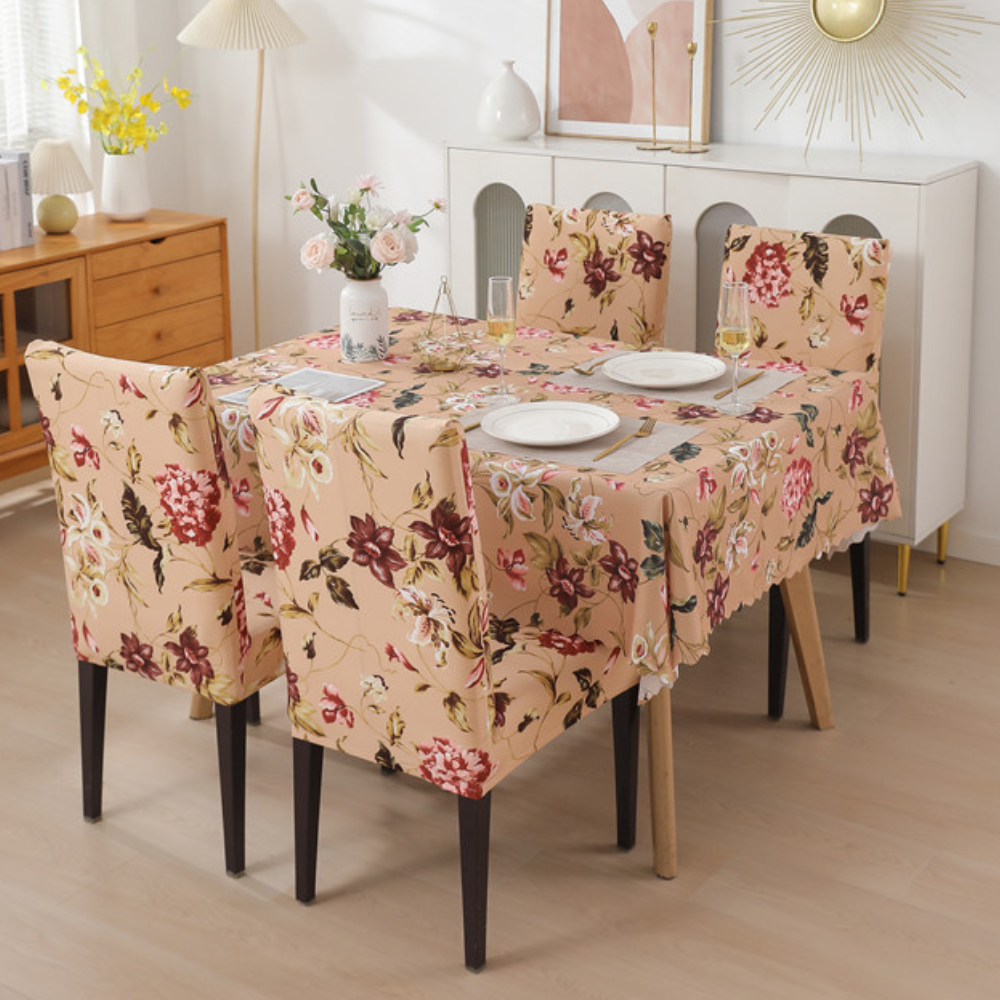 Premium Dining Table Chair Cover Combo Floral Beige