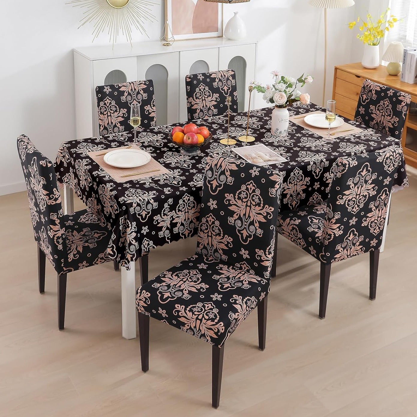 Premium Dining Table Chair Cover Combo Black Brocade