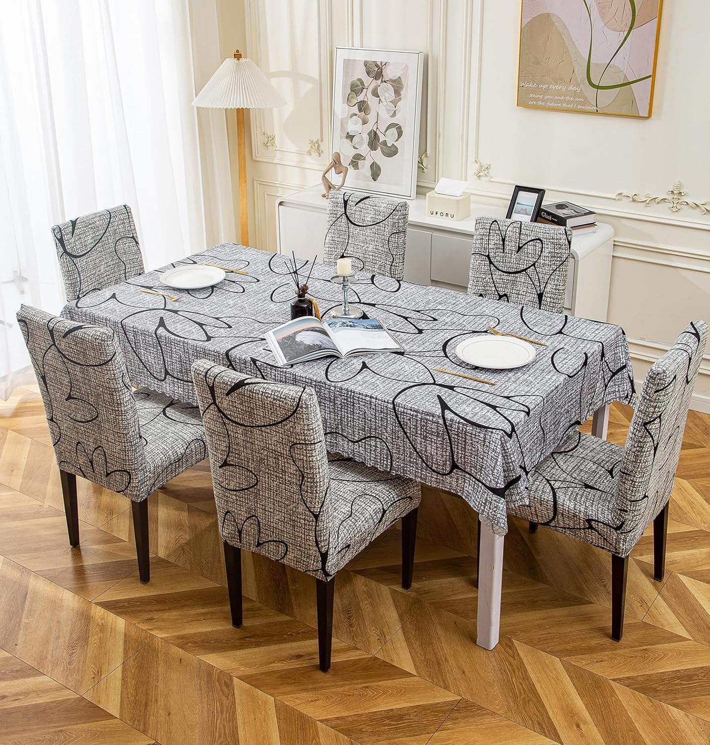 Premium Dining Table Chair Cover Combo Grey Bloom