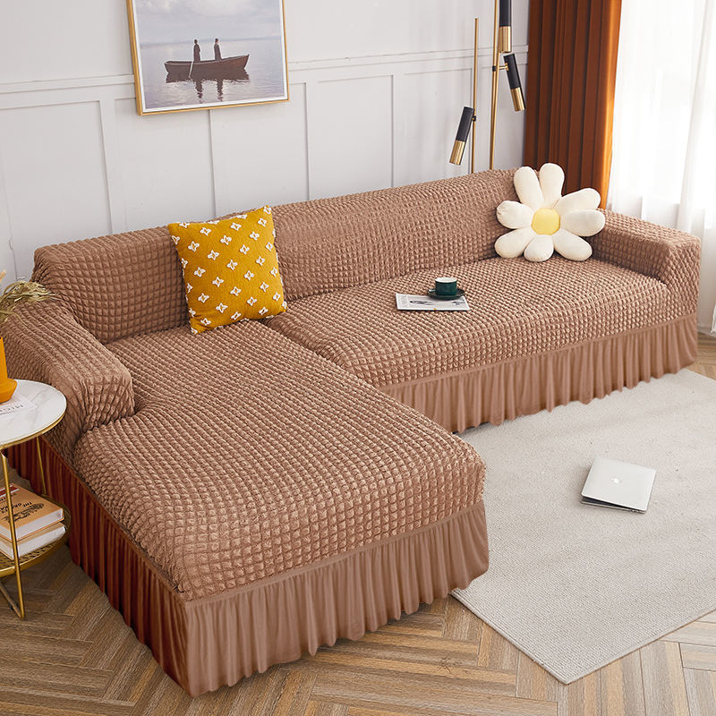 2025 L Shape Turkish Bubble Frill Sofa Covers : Light Brown