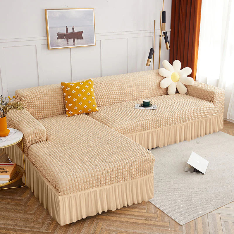 2025 L Shape Turkish Bubble Frill Sofa Covers : Beige