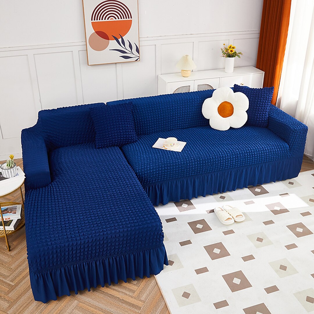 2025 L Shape Turkish Bubble Frill Sofa Covers : Navy