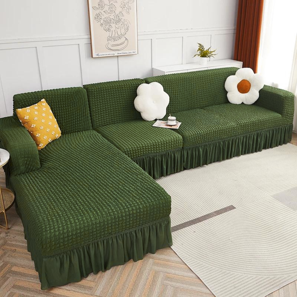 2026 L Shape Turkish Bubble Frill Sofa Covers : Olive
