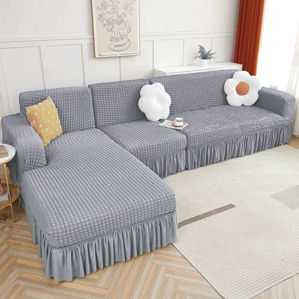 2026 L Shape Turkish Bubble Frill Sofa Covers : Light Grey