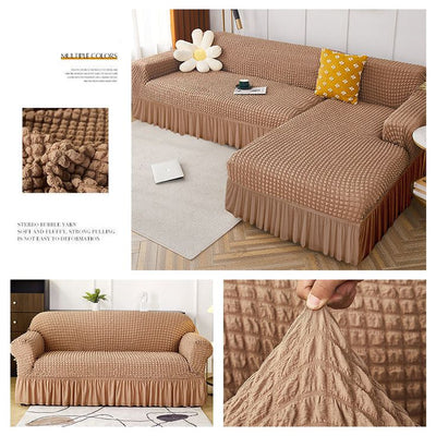 2024 L Shape Turkish Bubble Frill Sofa Covers : Light Brown