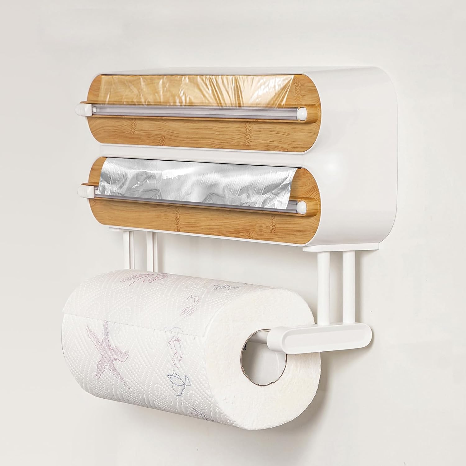 Magnetic 3-in-1 Plastic Wrap & Foil Dispenser With Cutter - Holds 3 Rolls & Paper Towels, Wall Mount - View #2