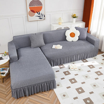 2024 L Shape Turkish Bubble Frill Sofa Covers : Light Grey