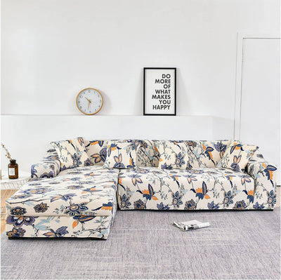 L Shape Sofa Cover - Beige Blue Flower