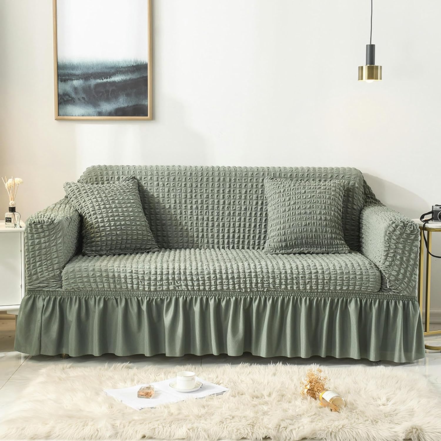 2025 Turkish Bubble Frill Sofa Covers : Sage Green
