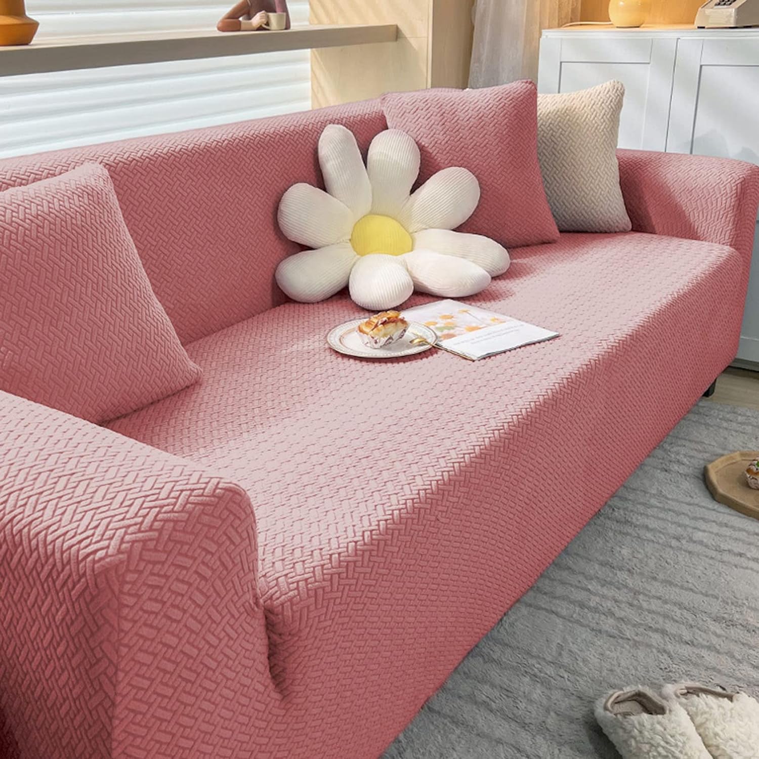 2025 L Shape Polar Fleece Sofa Cover Pastel Pink Trendize