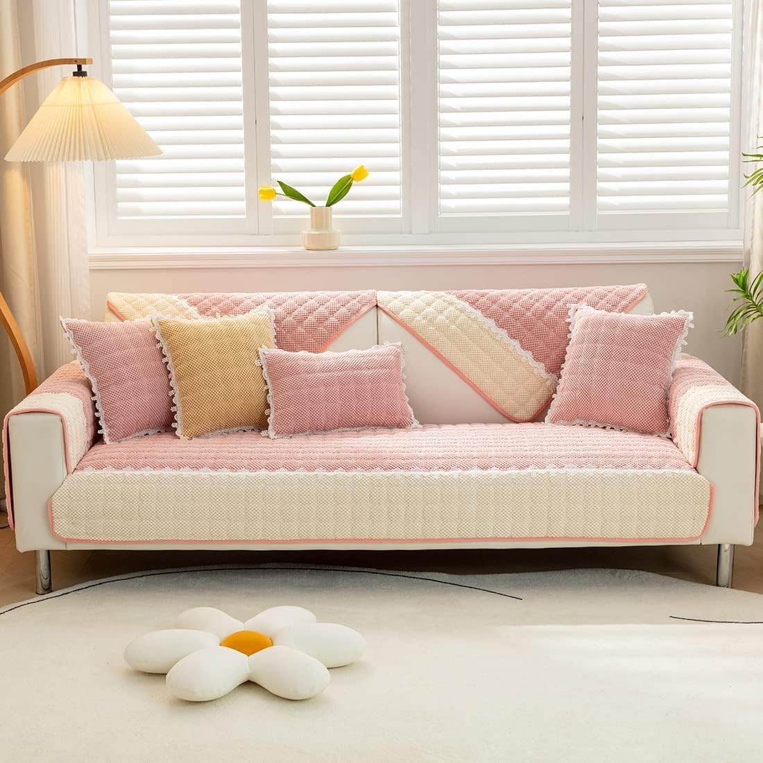 French Corduroy Lace Sofa Mat - Sweet Pink