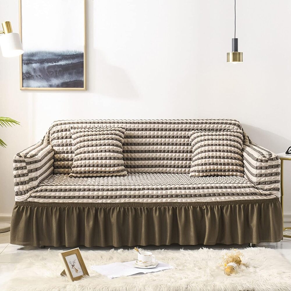 2025 Turkish Bubble Frill Sofa Covers : Beige Brown Stripe