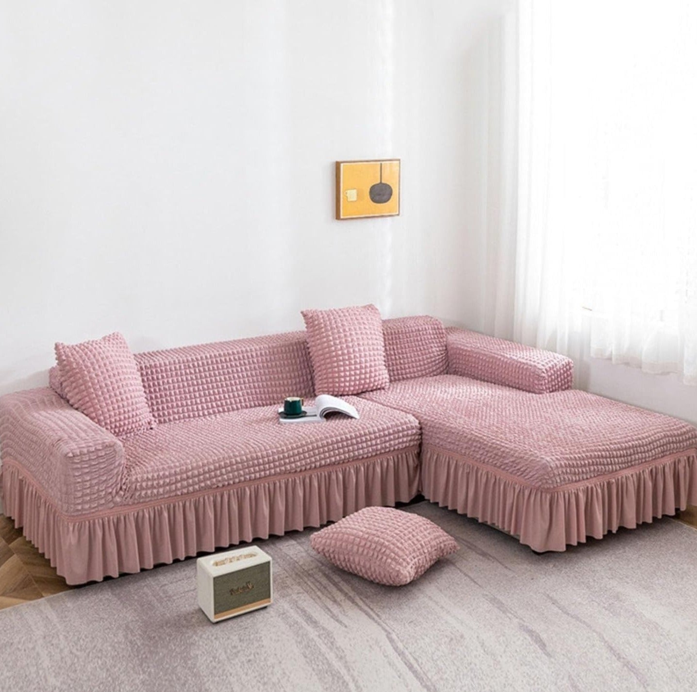 2025 L Shape Turkish Bubble Frill Sofa Covers : Blush Pink