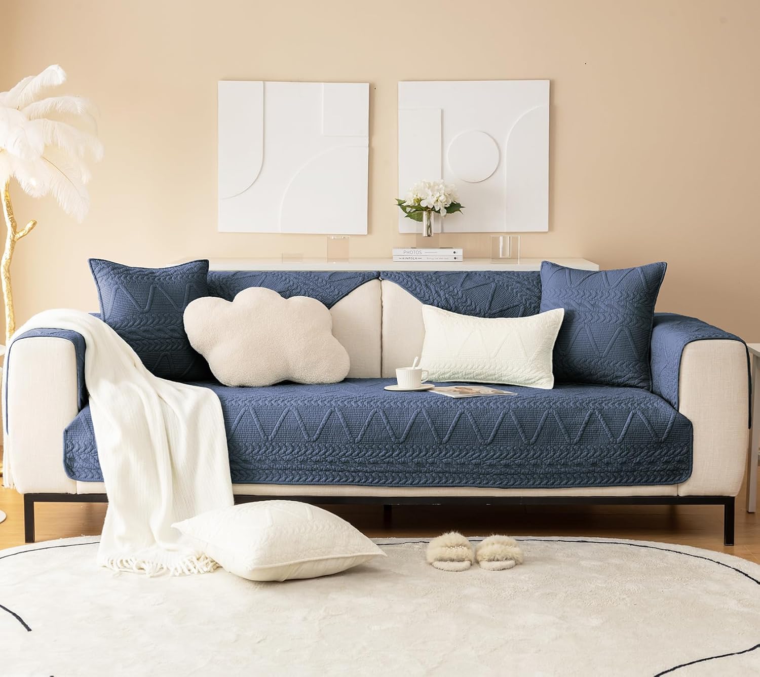 PREMIUM COTTON QUILTED SOFA MAT - NAVY BLUE