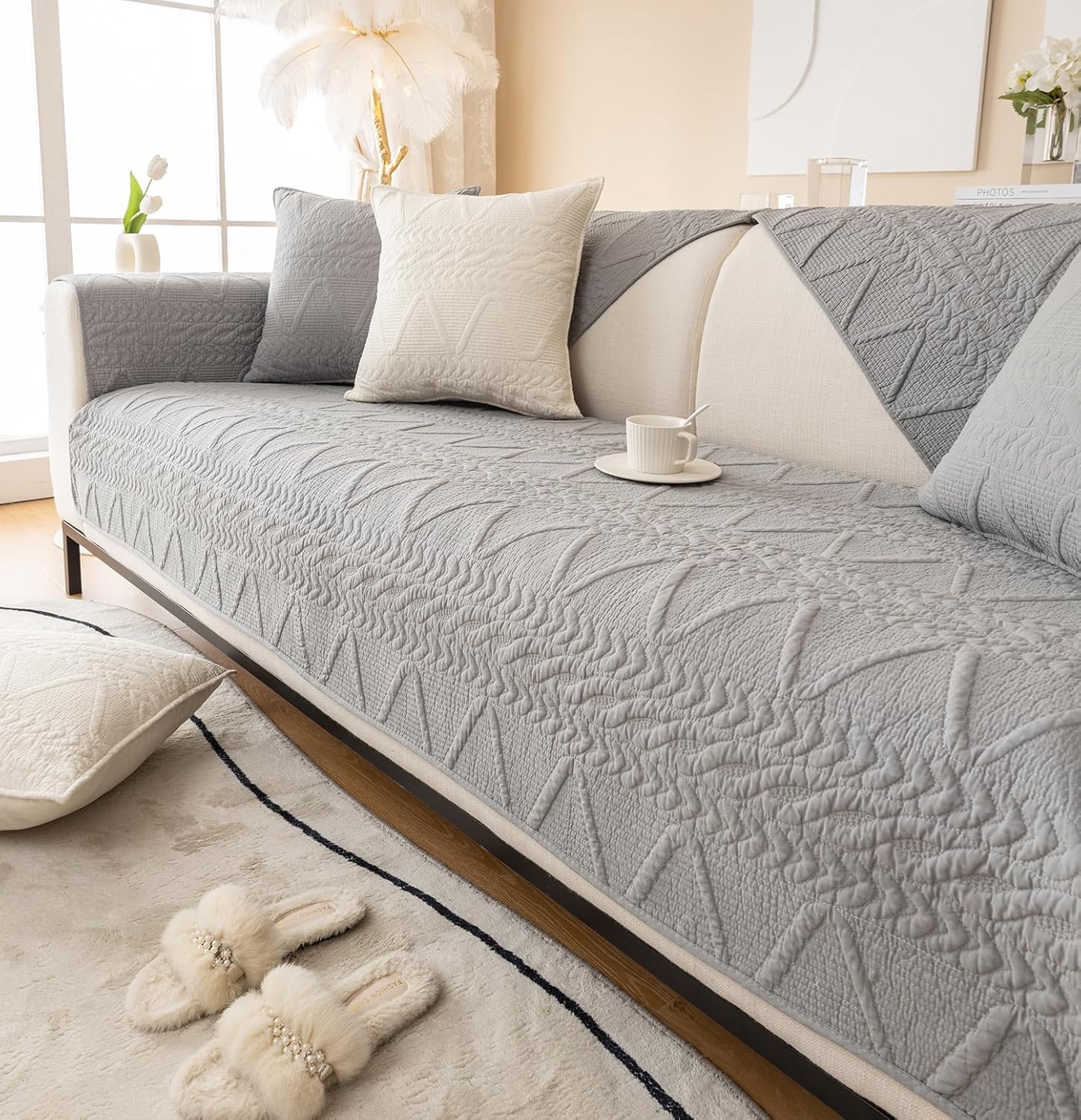 PREMIUM COTTON QUILTED SOFA MAT - CLOUD GREY