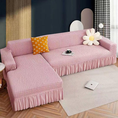 2024 L Shape Turkish Bubble Frill Sofa Covers : Blush Pink