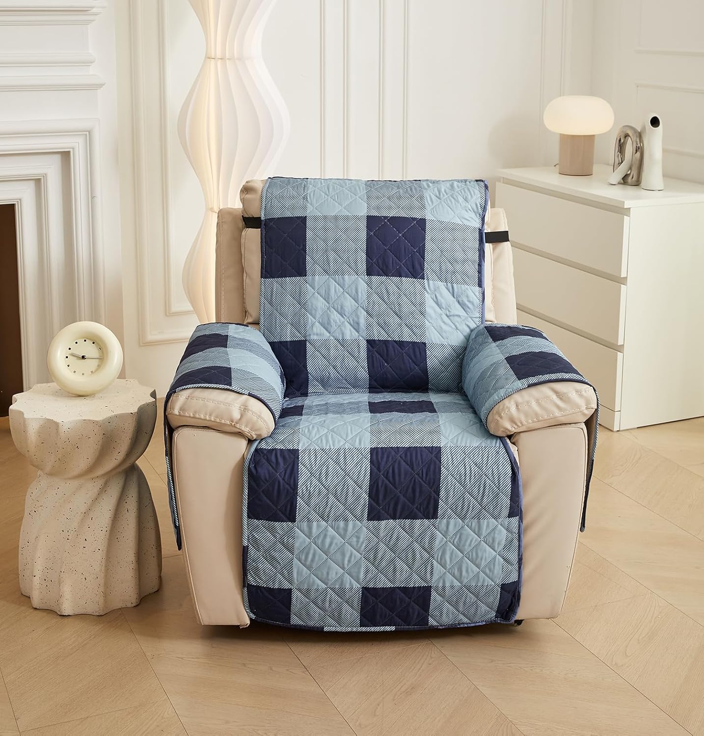 WATERPROOF QUILTED RECLINER COVER - CHECK BLUE 1 SEATER