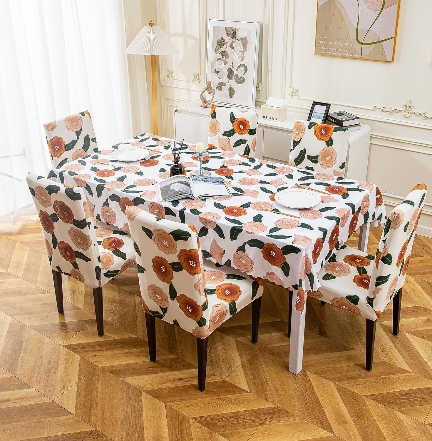 Premium Dining Table & Chair Cover Combo - White Brown Flower