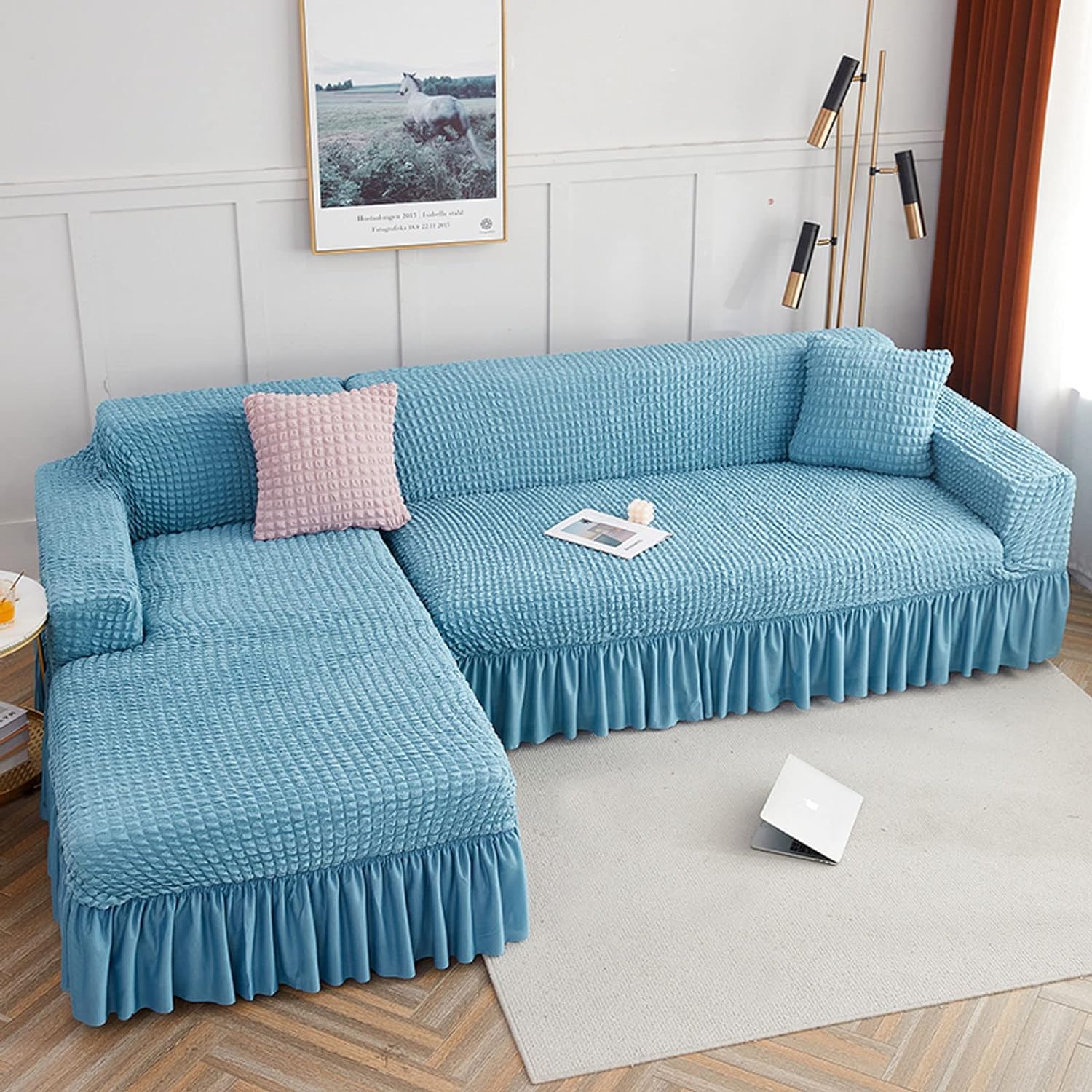 2026 L Shape Turkish Bubble Frill Sofa Covers : Powder Blue