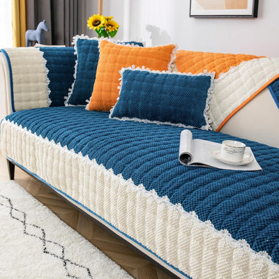 French Corduroy Lace Sofa Mat - Tropical Blue