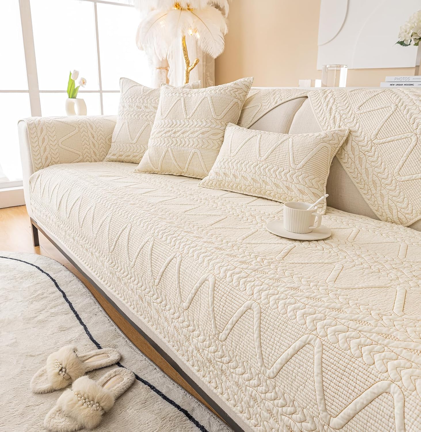 PREMIUM COTTON QUILTED SOFA MAT - OFF WHITE