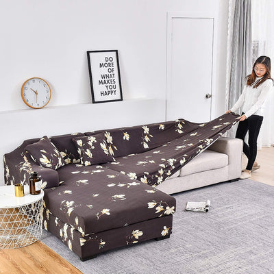 L Shape Sofa Cover - Floral Dark Coffee