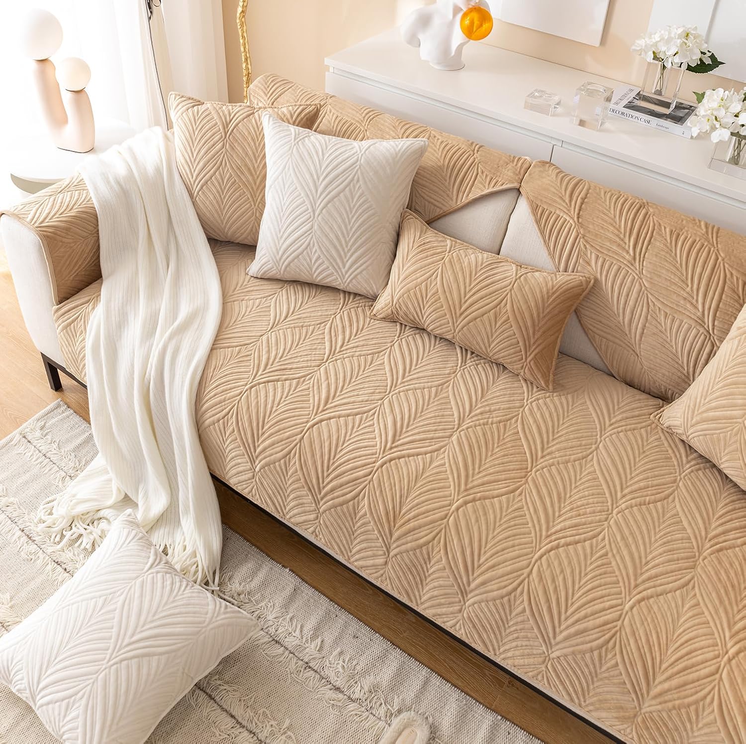 ANTI SKID PALM LEAVES QUILTED SOFA MAT  -  BEIGE