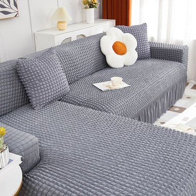 2024 L Shape Turkish Bubble Frill Sofa Covers : Light Grey