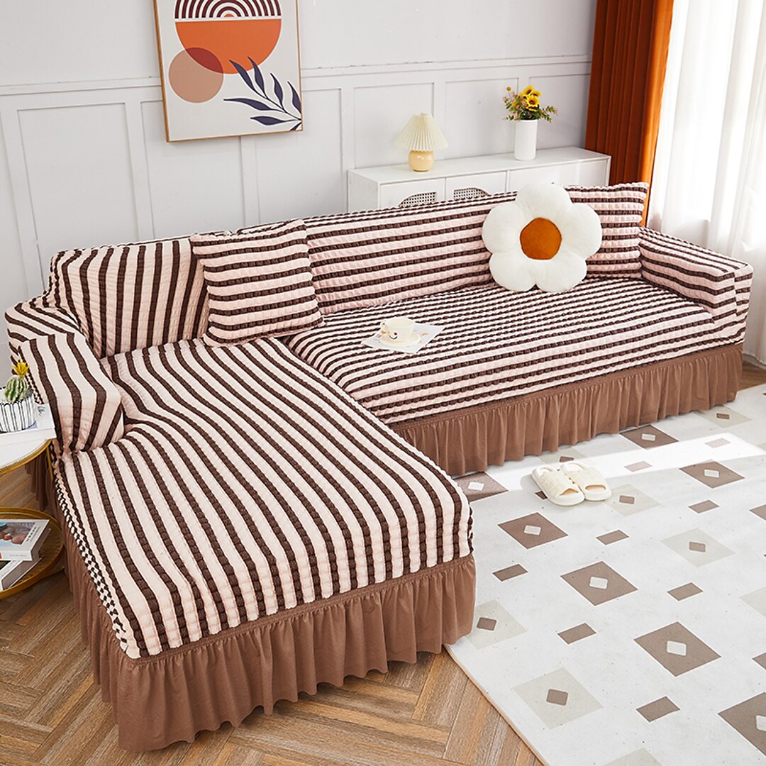 2025 L Shape Turkish Bubble Frill Sofa Covers : Beige Brown Stripe
