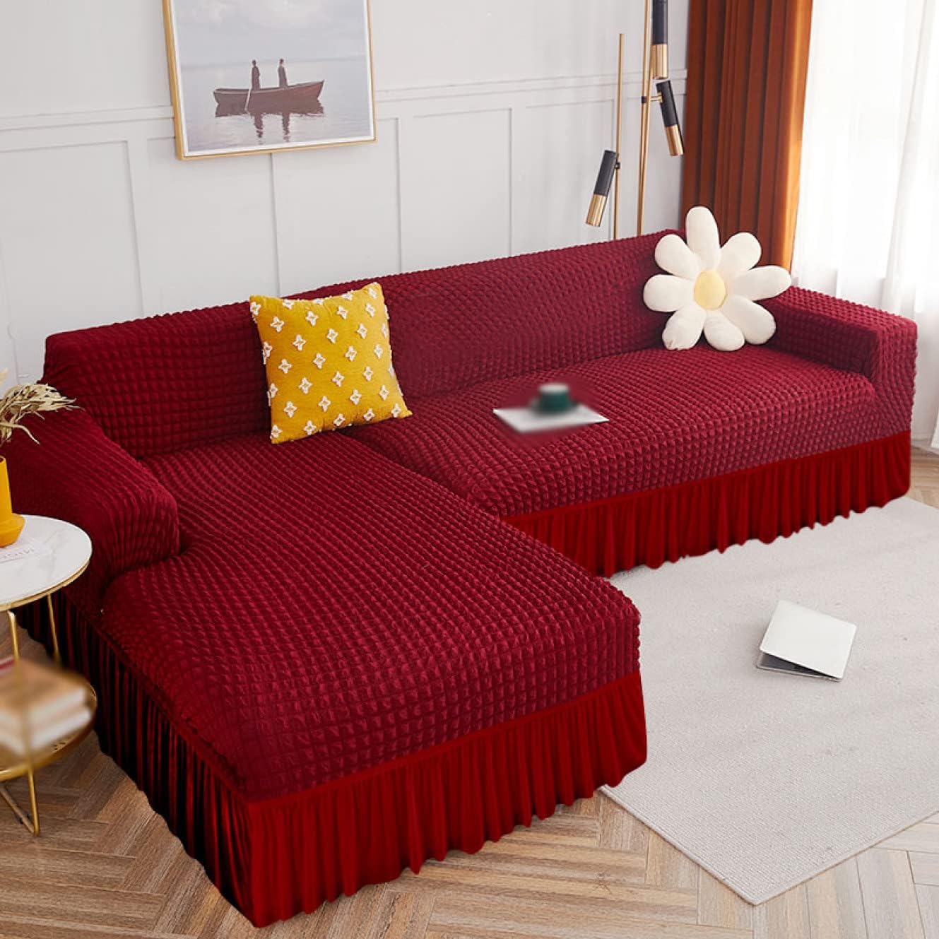 2025 L Shape Turkish Bubble Frill Sofa Covers : Maroon
