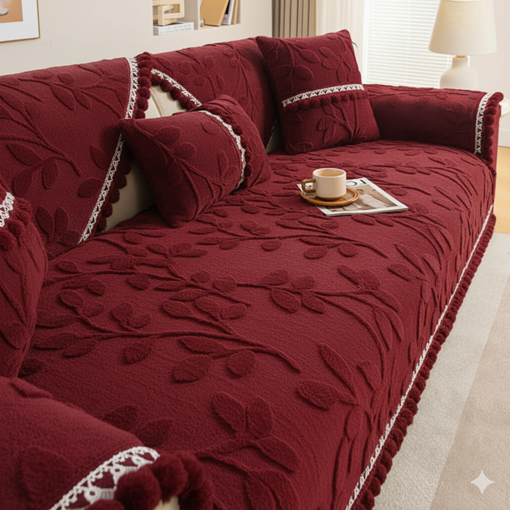 TASSEL NON SLIP LEAF SOFA MAT - MAROON