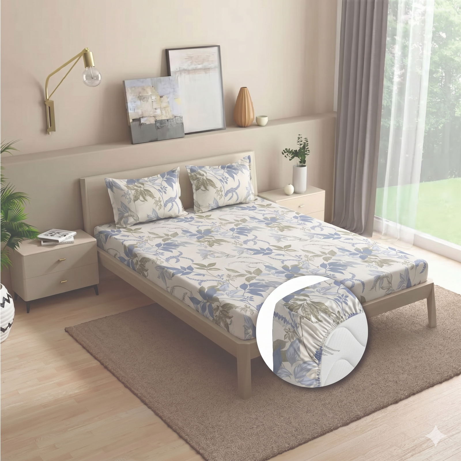 Premium 200 TC Fitted Bedsheet with 2 Pillow Covers - Botanical Breeze