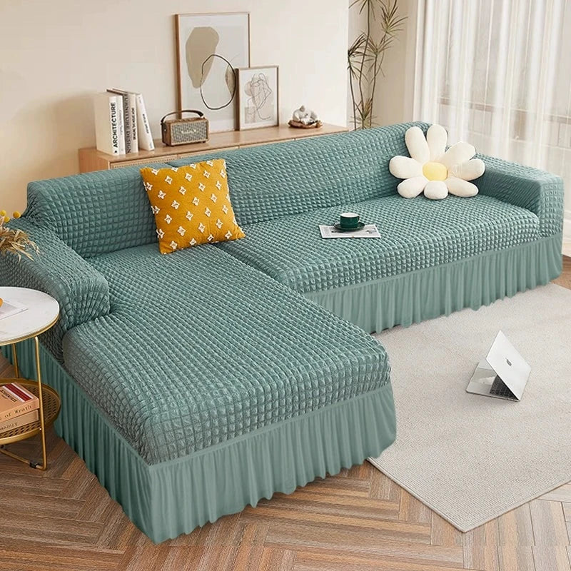 2025 L Shape Turkish Bubble Frill Sofa Covers : Sage Green