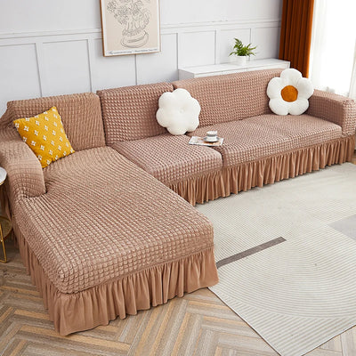 2024 L Shape Turkish Bubble Frill Sofa Covers : Light Brown