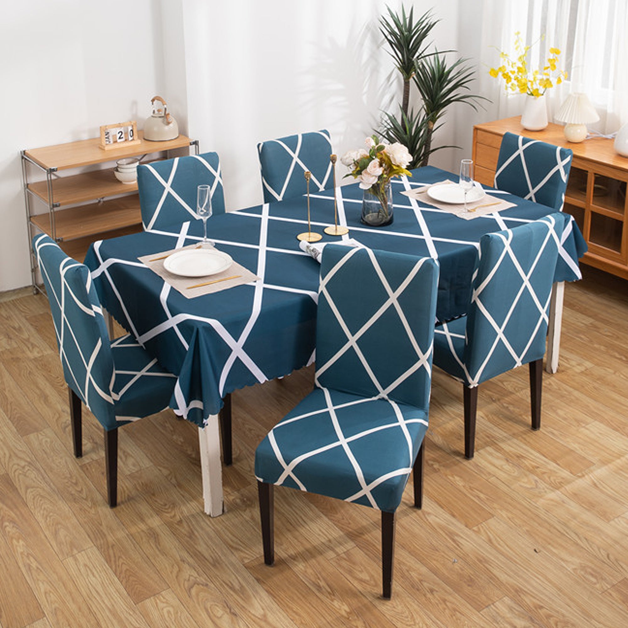 Premium Dining Table Chair Cover Combo Cross Blue Trendize
