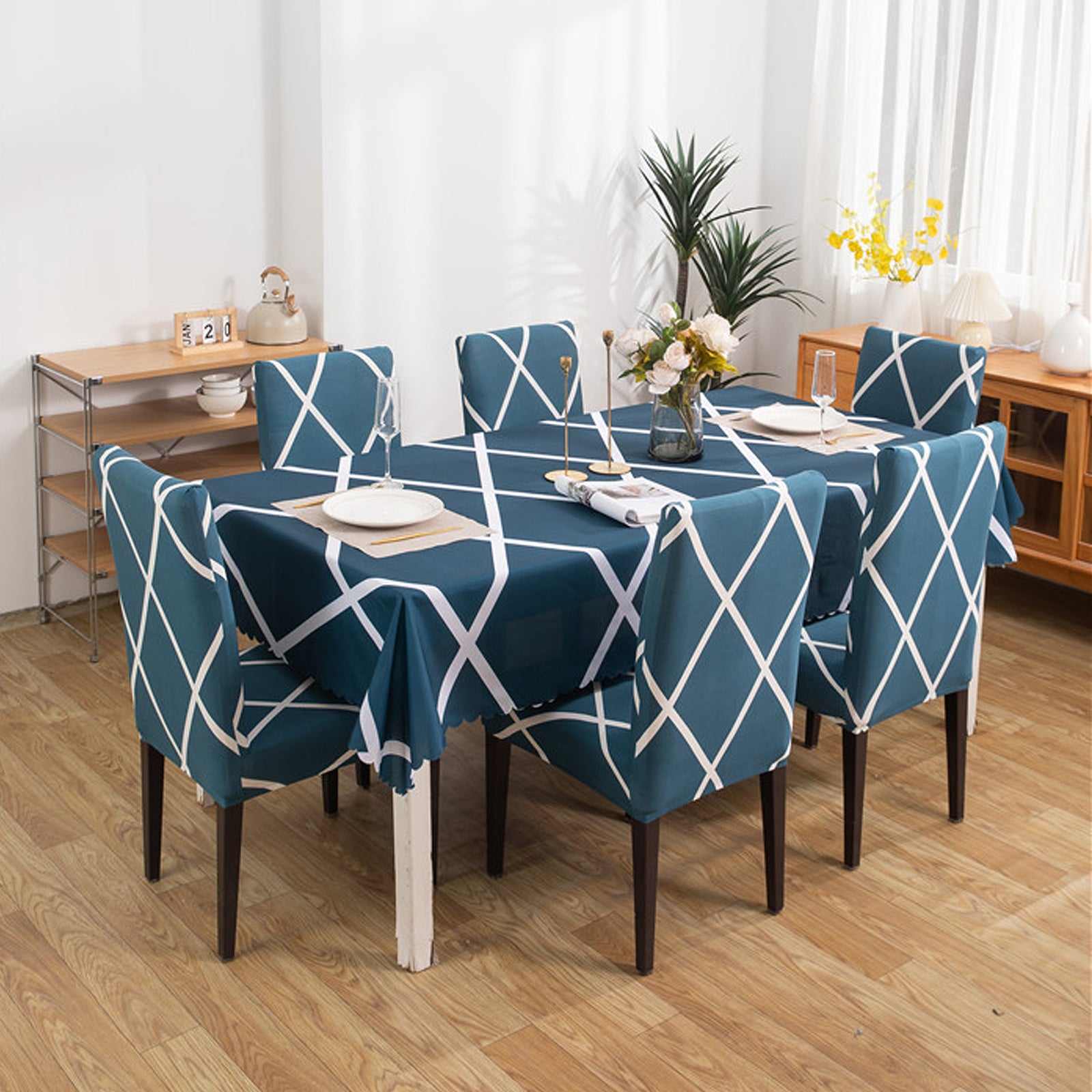Premium Dining Table & Chair Cover Combo - Cross Blue