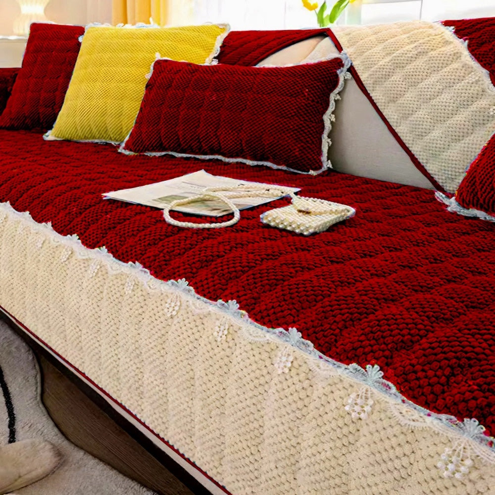 French Corduroy Lace Sofa Mat - Ruby Red