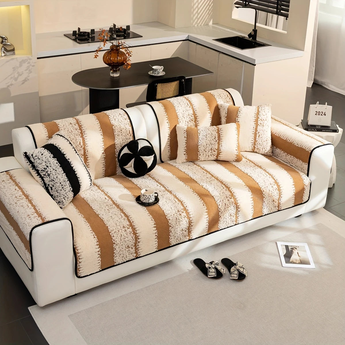 Vintage Modern Velveteen Sofa Mat - Brown/White