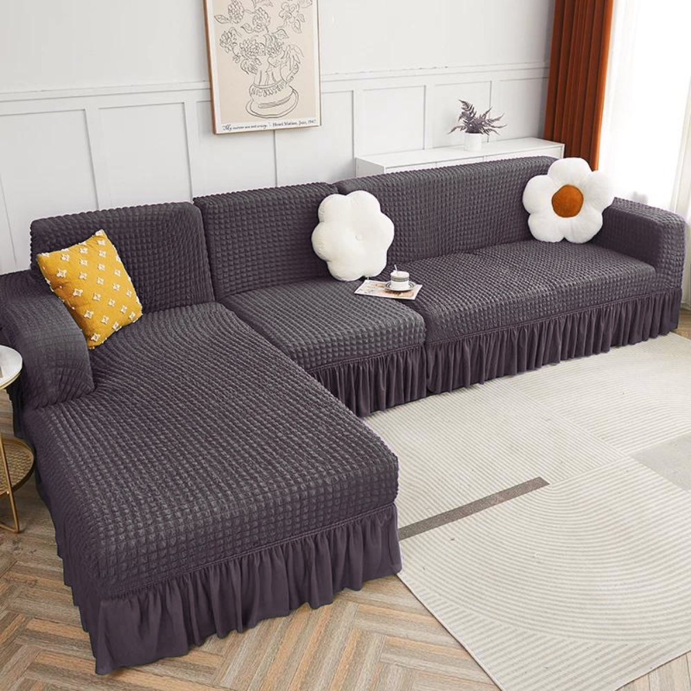 2025 L Shape Turkish Bubble Frill Sofa Covers : Dark Grey