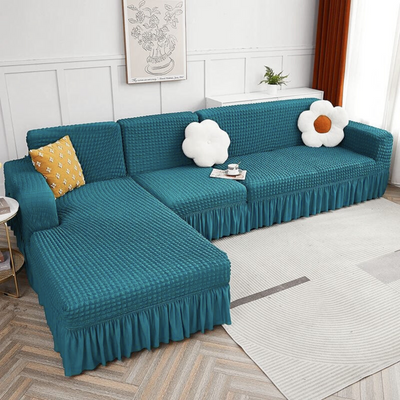 2024 L Shape Turkish Bubble Frill Sofa Covers : Teal