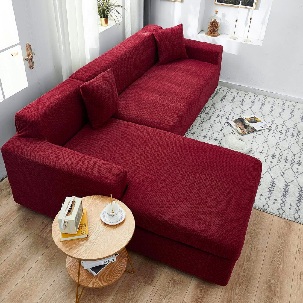 2025 L Shape Polar Fleece Sofa Cover : Maroon