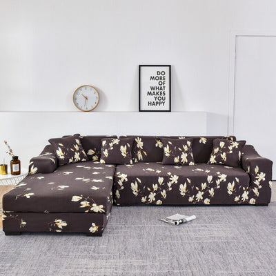 L Shape Sofa Cover - Floral Dark Coffee